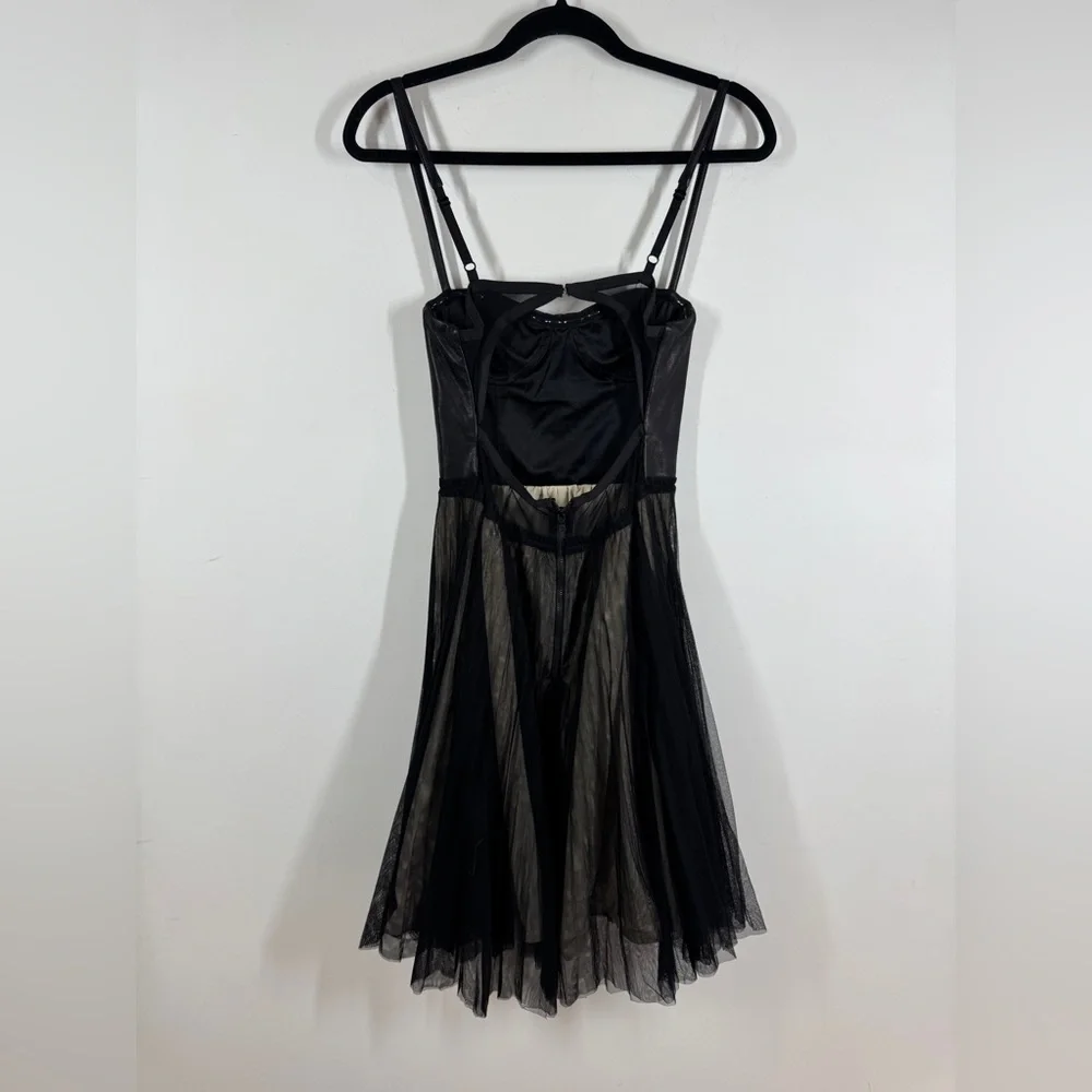 Alice + Olivia Leather Tulle Dress Black Fit Flare Party Mini Size 6 Dark Goth - Picture 6 of 15